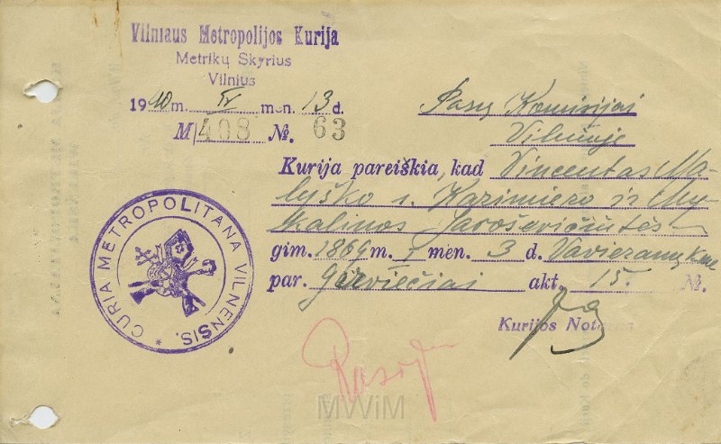 KKE 5498.jpg - Dok. Metryka urodzenia Wincenty Małyszko syn Kazimierza, M/408/nr.63. Wydana przez Kurię Metropolitalną w Wilnie, Wilno, 13 IV 1940 r.